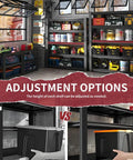 Beast Mode Heavy Duty 5 Tier Garage Shelving, 2000 Lbs Rock Solid Metal Storage Rack With Two Pegboards, Adjustable Utility Shelves For Shop And Warehouse, Black Frame showcasing shelf height adjustment options.
