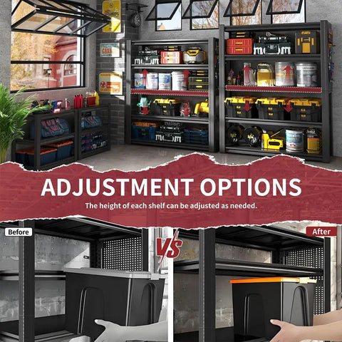Beast Mode Heavy Duty 5 Tier Garage Shelving, 2000 Lbs Rock Solid Metal Storage Rack With Two Pegboards, Adjustable Utility Shelves For Shop And Warehouse, Black Frame showcasing shelf height adjustment options.