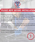 Installation notice with text guidance for replacing automotive parts, highlighting the importance of professional help and compatibility checks.