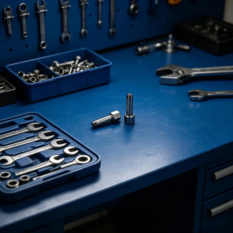 Two Piece Grease Gun Fitting Nozzle Coupler Set For Automotive And Outdoor Use on blue workshop table