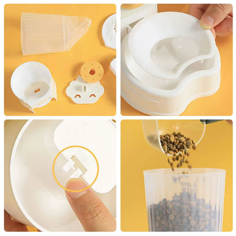 No Sweat Automatic Pet Water Dispenser And Food Feeder parts laid out showing components for assembly and use with cats and dogs.