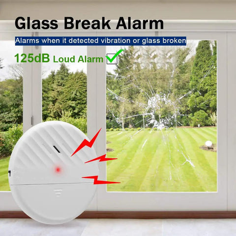 Ultra Slim Wireless Glass Break Alarm Sensor 125dB for home windows with red LED near broken glass in a garden view