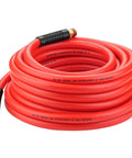 Boss Level Heavy Duty Half Inch By Fifty Foot Hybrid Air Compressor Hose Rated At 300 Psi with black fittings coiled on a surface.