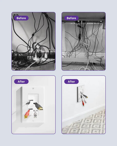Before and after wall cable setup with Brush Wall Plate Cable Pass Through With Bracket And Cable Hider In Wall Cable Management For TV Mounts And Low Voltage Cables White 2 Pack Ideal For HDMI Coaxial A V And Speaker Wires Or Network RJ45 Cables