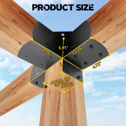 Four Way Right Angle Pergola Corner Brackets For 4x4 Wood Beams With Hardware, Heavy Duty 14 Gauge Steel, Matte Black Outdoor Bracket Set For Gazebos, Outdoor Huts, Cabins And Decks DIY Woodworking