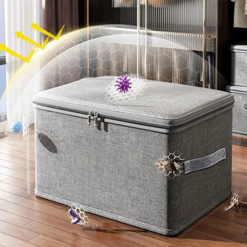 Slick Fabric Storage Bin With Combination Lock Waterproof Foldable Wardrobe Organizer Keeps Your Essentials Safe Collapsible Drawer Tote in gray, showcasing its durable, dust-proof design.