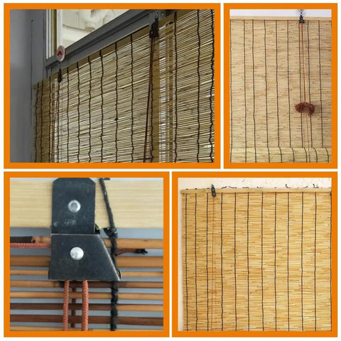 Top Tier Roller Shade Lift Cords and Bamboo Shade Strings for Smooth Pull Replacement Kit installed on wooden blinds.