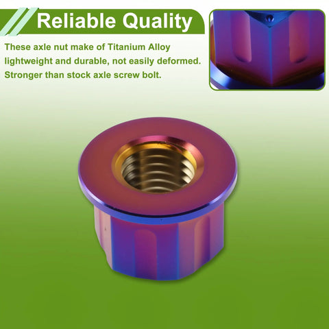 Set Of Six Rugged Titanium Motorcycle Axle Nuts With Grippy Burnt Blue Finish And M12x1.5 Thread For Custom Cruisers And Daily Riders Who Wanna Roll Tight And Keep The Rig Secure, showcasing precise details and vibrant colors.