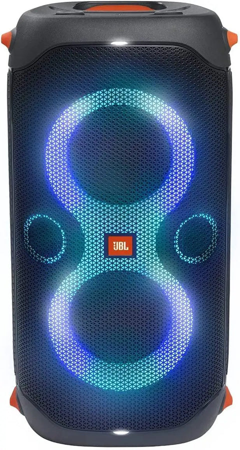 PartyBox 110 Portable Party Speaker With Built In Lights And Deep Bass 160W Power, front view with glowing LED lights