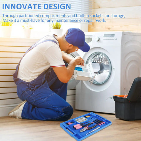 Man repairing washing machine with Blue Silicone Tool Tray For Auto Repairs Flexible Magnetic Tool Holder With Small Parts Tray nearby.