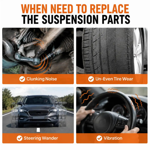 Image showing signs to replace suspension parts like clunking noise and uneven tire wear, highlighting symptoms for car maintenance.