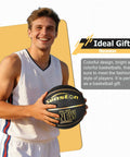 Person holding basketball, labeled 'Senston', size 7, black and gold, smiling in sports jersey, ideal gift description.