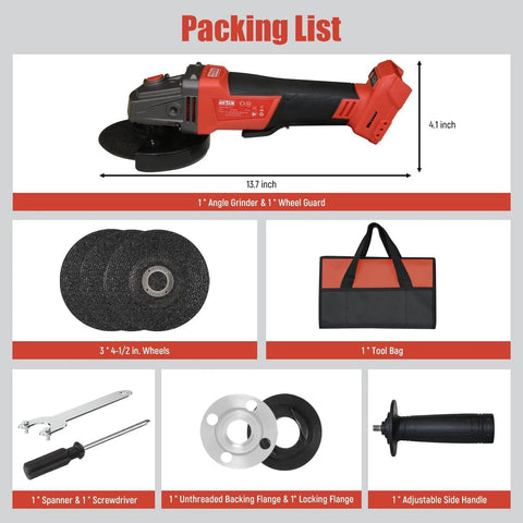 18V Cordless Angle Grinder With Brushless Motor, Eight Thousand RPM Beast For Cutting, Grinding, Polishing Metal, Includes Three Four And One Half Inch Wheels And Handy Tool Bag, Tool Only Battery Not Included, Pro Grade Performance packaging with grinder and accessories
