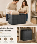Big Roomy Fabric Storage Tote With Smooth Dual Zipper Foldable Closet Organizer For Quilts Bedding Moving Seasonal Coats, shown with blankets.