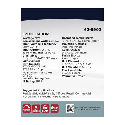 Specifications for Premium 9 Watt Smart Led Landscape Floodlight 12 Pack, bronze finish, 800 lumens, app-controlled RGB colors.