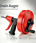 Pro Grade Heavy Duty Auto Feed Drain Auger With Sturdy Drill Adapter For Fast No Sweat Clog Removal And Super Slick Pipe Snaking For Kitchen And Bathroom Drain Rig with red coil design.