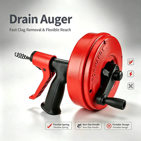 Pro Grade Heavy Duty Auto Feed Drain Auger With Sturdy Drill Adapter For Fast No Sweat Clog Removal And Super Slick Pipe Snaking For Kitchen And Bathroom Drain Rig with red coil design.