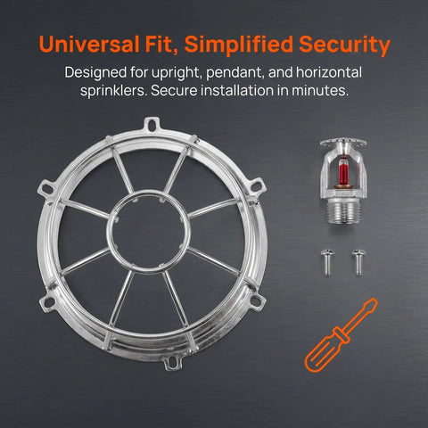 Built Like A Truck Fire Sprinkler Guard Screw Type Cage Cover Replacement For Upright Pendant And Horizontal Heads Knockout Impact Protector For Busy Home Office Or Hotel Basement, silver steel cage with sprinkler and screws.