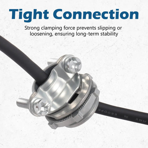 25 Pack Half Inch Clamp Type Cable Connectors With Zinc Alloy Wire Clamps for NM Cables, shown securing cable, highlighting tight connection.