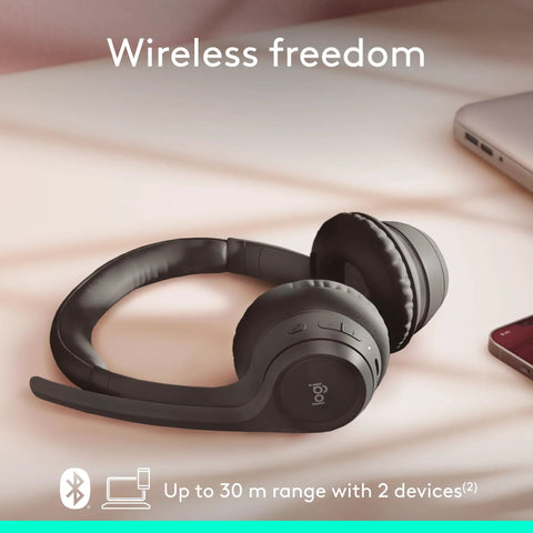 Zone 301 Wireless Bluetooth Headset With Noise Canceling Microphone, Graphite, on a desk, designed for versatile device compatibility.