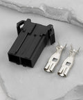 Rock Solid 2 Pin Fuse Holder Fixed Socket Drops Right In For No Sweat MPN 601047 with metal connectors on a light surface.