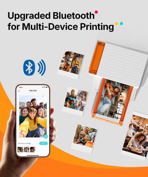 Bluetooth Photo Printer For iPhone Portable Dye Sublimation Printer With Dual Tray Prints 4x6 Photo Paper And 3x3 Sticker Paper Includes 60 Sheets Of 4x6 Paper 20 Sheets Of 3x3 Sticker Paper And 2 Cartridges shown with printed photos.