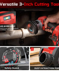 Heavy Duty 20V Compact Circular Saw With 3 Inch Brushless Motor And Dual 4Ah Batteries cutting through PVC pipe with LED light.