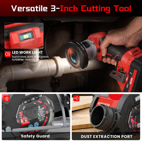 Heavy Duty 20V Compact Circular Saw With 3 Inch Brushless Motor And Dual 4Ah Batteries cutting through PVC pipe with LED light.