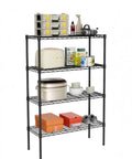 Professional Grade Badass Workhorse Four Tier Metal Wire Shelving Rack With All Weather Armor Coating For Garage Kitchen Bathroom Storage And Tool Organization filled with storage containers and kitchen items.