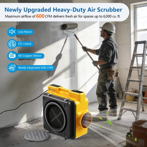 Heavy Duty 600 CFM Negative Air Machine With 4 Stage Filtration operating in a construction site with a worker painting walls.