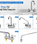 Leak Free Heavy Duty Commercial Kitchen Sink Faucet With 4 Inch Center And 10 Inch Swivel Spout Two Hole Wall Mount Brass Construction For Two Or Three Compartment Sinks Bar Hand Sink Restaurant Laundry Garage displayed in a collage of chrome-finished faucet designs.