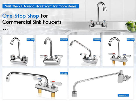 Leak Free Heavy Duty Commercial Kitchen Sink Faucet With 4 Inch Center And 10 Inch Swivel Spout Two Hole Wall Mount Brass Construction For Two Or Three Compartment Sinks Bar Hand Sink Restaurant Laundry Garage displayed in a collage of chrome-finished faucet designs.