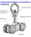 Four Bearing Trolley Assembly With Four Silent Wheels For 1-5/8 Inch Wide And Taller Unistrut Channel, Includes M10 Bolt And Lifting Eye Nuts