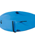 Heavy Duty Aluminum Surfboard Wall Cradle With Thick Scratch Proof Padding For A Straight Up Secure Hold and No Sweat Strapless Setup For Paddleboards and Garage Gear Storage, top view of blue surfboard.