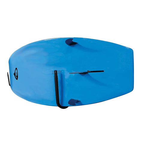 Heavy Duty Aluminum Surfboard Wall Cradle With Thick Scratch Proof Padding For A Straight Up Secure Hold and No Sweat Strapless Setup For Paddleboards and Garage Gear Storage, top view of blue surfboard.