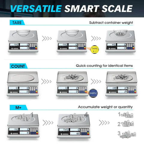 Pro Grade Industrial Counting Scale For Small Parts With 30 Kg And 66 Lb Capacity, 1G Precision, showing tare and count functions