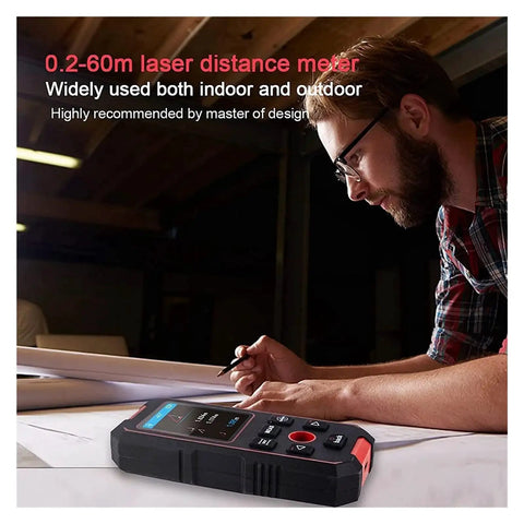 Heavy Duty 3 In 1 Stud Finder And Wall Scanner on table as user measures distance with pen, highlighting LCD display features.