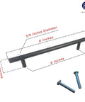 Ten Pack Oil Rubbed Bronze Cabinet Pulls For Kitchen Drawers Ships With Heavy Duty One Inch Screws Eight Inches Long With Six Inch Hole Spacing showing detailed dimensions and screws.
