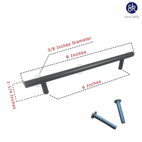 Ten Pack Oil Rubbed Bronze Cabinet Pulls For Kitchen Drawers Ships With Heavy Duty One Inch Screws Eight Inches Long With Six Inch Hole Spacing showing detailed dimensions and screws.