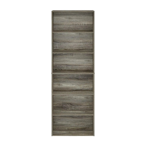 Six Tier Free Standing Closet Organizer In French Oak Finish Features Vertical Storage Profile with six flat shelves.