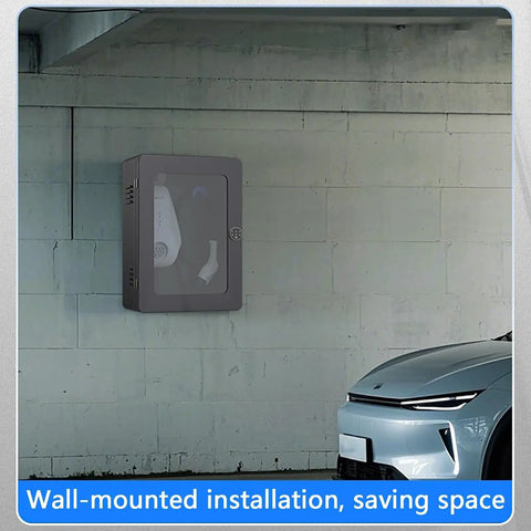 Rugged Workhorse Wall Mount EV Charger Protection Box With Vented Heat Dissipation Universal Fit For Electric Vehicles mounted on a wall.