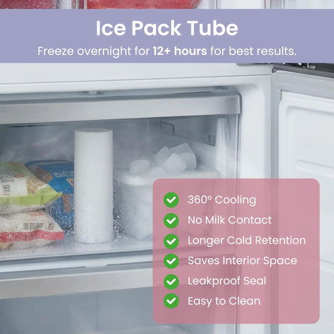 Ice pack tube for Portable Breast Milk Cooler keeps infant formula and breastmilk icy fresh for up to 15 hours.