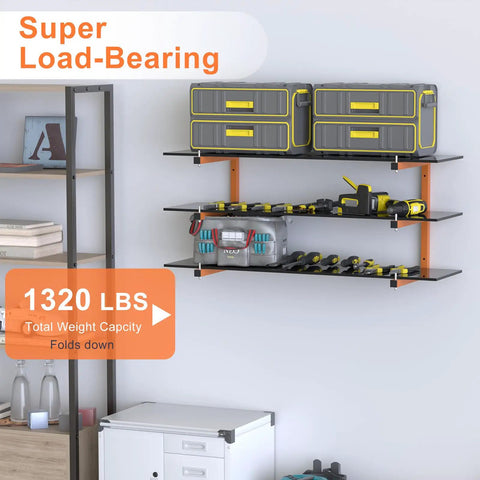 Smooth Setup Four Pack Lumber Storage Rack Wall Mounted Heavy Duty Board Holder With Rock Solid Adjustable Arms for organized storage with toolboxes.