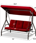 Three Seat Patio Swing With Canopy For Backyard Or Porch Convertible Glider Bed Thick Removable Cushions And Pillows in Burgundy