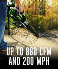 Person using Cordless Leaf Blower With Turbo Mode, 880 CFM At 200 MPH, Beast Power for quick yard cleanup on pavement.