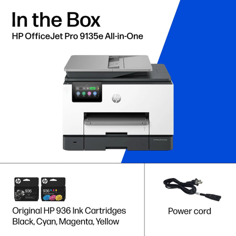OfficeJet Pro 9135e Wireless All In One Color Inkjet Printer with print, scan, copy, fax, duplex, ink cartridges, power cord