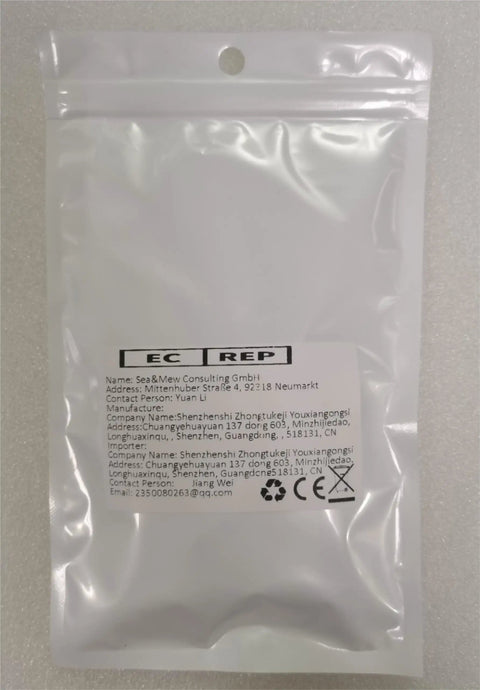 Transparent package labeled with company information and contact details, suitable for product presentation.