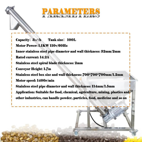 Rock Solid Automatic Screw Conveyor Feeder Machine With Food Grade Stainless Steel Auger, 3 Cubic Meter Hour Output, Plug And Play 110V Motor mounted on a wheeled frame for easy granular transfer.