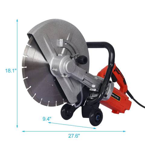 14 Inch Electric Circular Saw Runs Full Blast With A 3000W Motor Delivering 4200 RPM To Shred Concrete Granite Tile And Brick Effortlessly In Wet Or Dry Mode For Hardcore Builders, close-up with measurements.