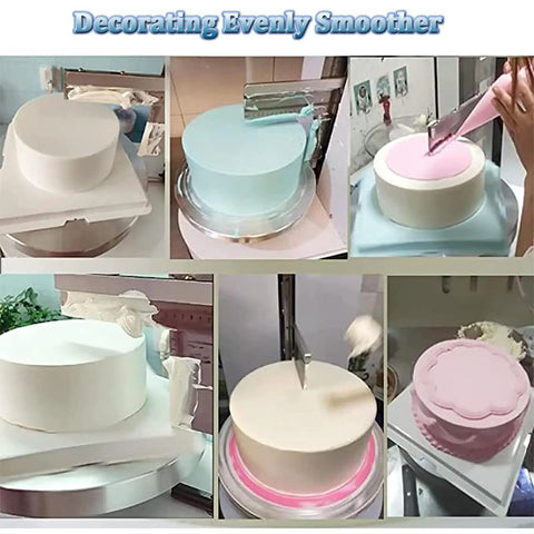 Portable Adjustable Cake Icing Machine With Automatic Decorating Smooth Coating And Scraping Tool For 4 To 12 Inch Cakes With High Sides Up To About 21 Cm Ideal For Home Bakers And Small Cake Shops Pink showing cake decorating steps